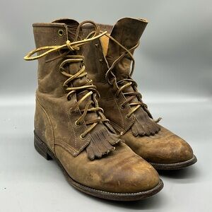 Justin Boots Tan Brown Lace-Up Kiltie Fringe Work Boots